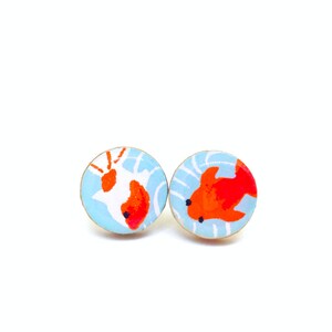 Koi Fish Stud Earrings, Turquoise and Red, Japanese Paper, Washi, Chiyogami, Resin Earrings, Decoupage, Wood, Gift under 10, Goldfish image 3