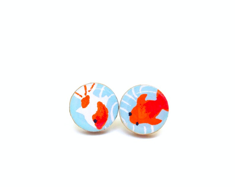 Koi Fish Stud Earrings, Turquoise and Red, Japanese Paper, Washi, Chiyogami, Resin Earrings, Decoupage, Wood, Gift under 10, Goldfish image 3