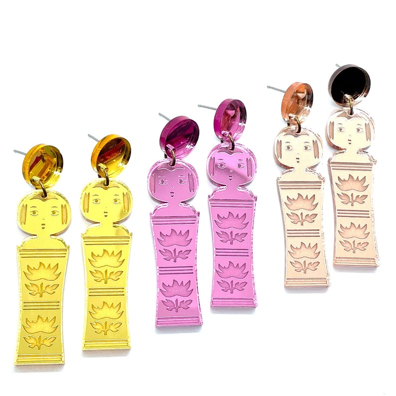 Japanese Kokeshi Earrings, Mirror Acrylic, Rose Gold, Pink, Gold, Vintage Japanese Kokeshi Doll, laser cut, laser etched, image 1