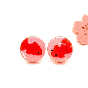 Pink Koi Earrings, Japanese Earrings, stud earrings, Pink and Red, Acrylic and resin, Pattern varies, minimalist, kawaii, cute, prettykiku, image 1