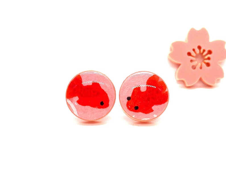 Pink Koi Earrings, Japanese Earrings, stud earrings, Pink and Red, Acrylic and resin, Pattern varies, minimalist, kawaii, cute, prettykiku, image 1