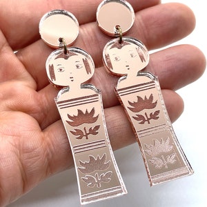 Japanese Kokeshi Earrings, Mirror Acrylic, Rose Gold, Pink, Gold, Vintage Japanese Kokeshi Doll, laser cut, laser etched, image 7