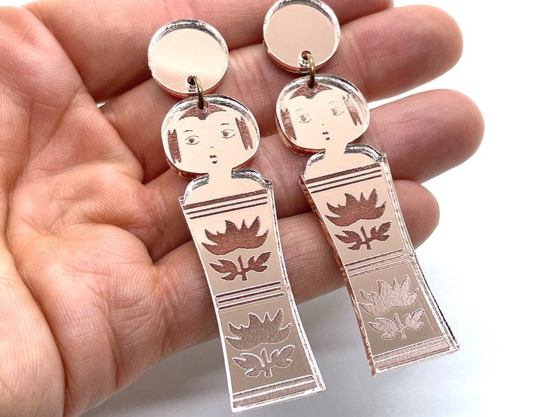 Japanese Kokeshi Earrings, Mirror Acrylic, Rose Gold, Pink, Gold, Vintage Japanese Kokeshi Doll, laser cut, laser etched, image 7