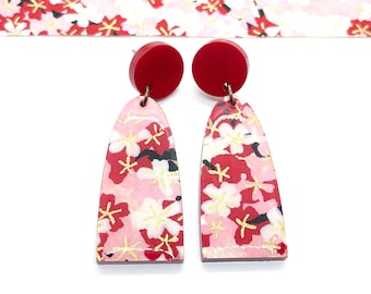 Red and White Floral Arch Drop Earrings, Japanese paper, Red Acrylic, Resin coated, hypo allergenic, Statement earrings, lightweight