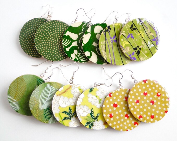 Green Earrings Japanese Paper Earrings Wood Earrings Large Etsy