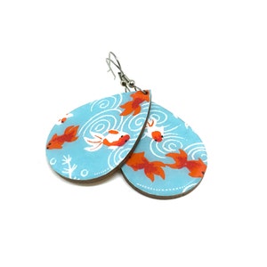 Koi Fish Tear Drop Earrings, Turquoise and Red, Kingyo, Japanese Paper, Chiyogami, Lightweight, Laser cut wood, Resin coated, Pattern varies image 3