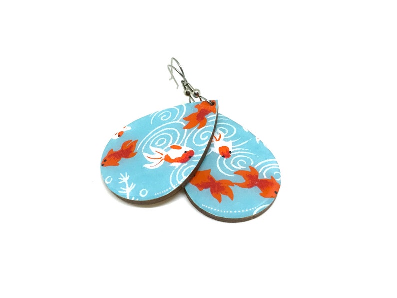 Koi Fish Tear Drop Earrings, Turquoise and Red, Kingyo, Japanese Paper, Chiyogami, Lightweight, Laser cut wood, Resin coated, Pattern varies image 3