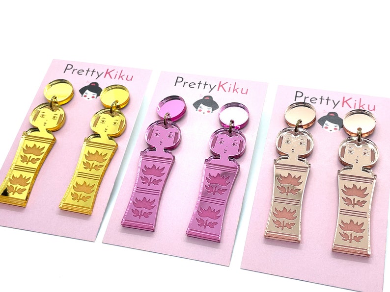 Japanese Kokeshi Earrings, Mirror Acrylic, Rose Gold, Pink, Gold, Vintage Japanese Kokeshi Doll, laser cut, laser etched, image 4