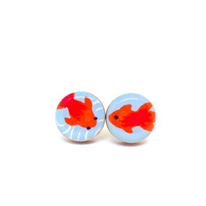 Koi Fish Stud Earrings, Turquoise and Red, Japanese Paper, Washi, Chiyogami, Resin Earrings, Decoupage, Wood, Gift under 10, Goldfish image 2