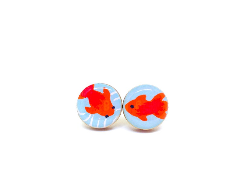 Koi Fish Stud Earrings, Turquoise and Red, Japanese Paper, Washi, Chiyogami, Resin Earrings, Decoupage, Wood, Gift under 10, Goldfish image 2