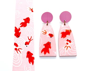 Pink Koi Arch Drop Earrings, Japanese paper, Kingyo, Pink Matte Acrylic, Resin coated, hypo allergenic, Statement earrings, lightweight