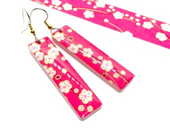 Pink Japanese Long Acrylic Earrings, Chiyogami Paper, Hot Pink, Cherry blossom, Sakura, laser cut, resin coated, lightweight, hypoallergenic