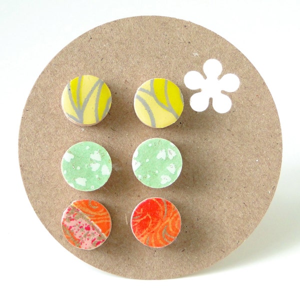 Ear studs, Earrings set,Trio of Studs, Citrus colors, Yellow, Chartreuse, Orange, Japanese Chiyogami Paper, Wood earrings MADE TO ORDER