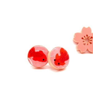 Pink Koi Earrings, Japanese Earrings, stud earrings, Pink and Red, Acrylic and resin, Pattern varies, minimalist, kawaii, cute, prettykiku, image 4