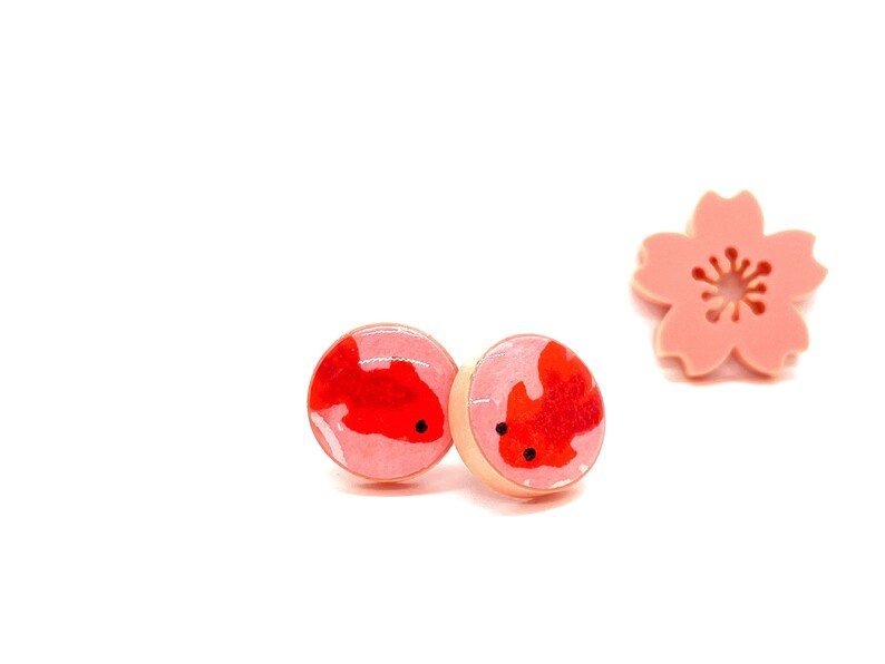 Pink Koi Earrings, Japanese Earrings, stud earrings, Pink and Red, Acrylic and resin, Pattern varies, minimalist, kawaii, cute, prettykiku, image 4