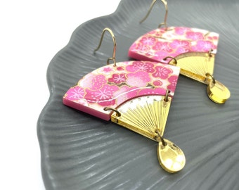 Pink Japanese Fan Earrings, Cherry Blossom, Sakura, Gold fan, Acrylic earrings, Hand fan, women's jewelry, gift under 25, stainless steel