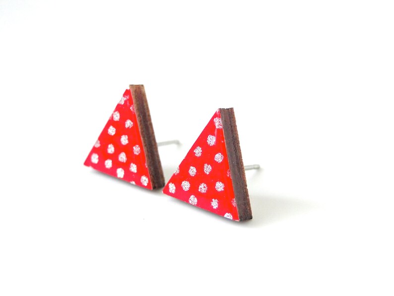 Red Triangle Stud Earrings Geometric Earrings Polka Dots Japanese Paper Origami Paper Decoupage Gift Under 10