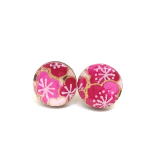 Japanese Cherry Blossom Stud Earrings, Japanese Paper, Yuzen, Chiyogami, Washi, Laser cut wood, Resin, very lightweight, Bridesmaids gift image 2