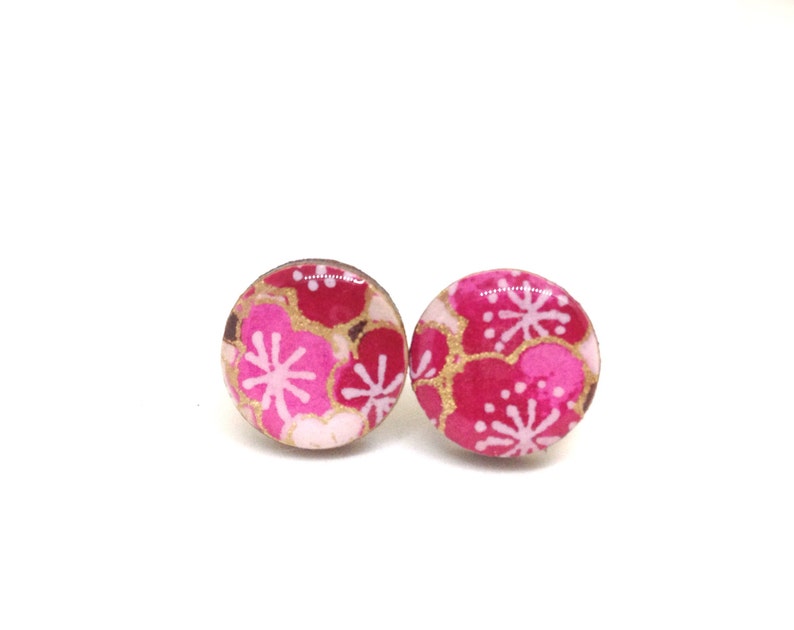 Japanese Cherry Blossom Stud Earrings, Japanese Paper, Yuzen, Chiyogami, Washi, Laser cut wood, Resin, very lightweight, Bridesmaids gift image 2