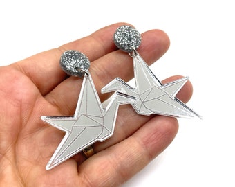 Origami Crane Dangle Earrings: Gold Mirror Acrylic, Matte Black Stud