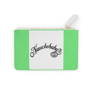 May include: A lime green and white zippered pouch with the text "Nauchebaby's" in a script font and a peace sign. The pouch has a white pull tab and a gold zipper.