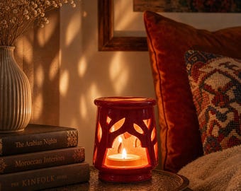 Handmade Red Moroccan Candle Holder – Ceramic Tealight Lantern – Boho Moroccan Home Decor – Artisan Pottery Candle Holder – Unique made Gift