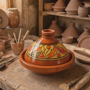 Puede incluir: Una olla de tagine de terracota hecha a mano con tapa cónica, con un vibrante diseño floral amarillo y naranja. El tagine se asienta sobre una base a juego, rodeado de cerámica y herramientas, lo que sugiere un tema culinario o decorativo.