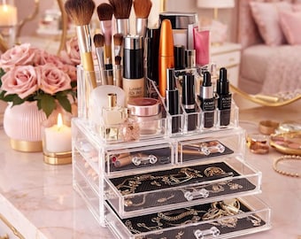Acrylic Makeup Organizer with Drawers – Cosmetic & Jewelry Storage – Clear Vanity Organizer Case