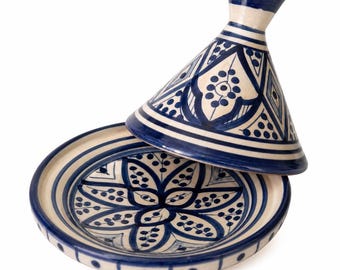 Tagine marroquí hecho a mano de 16 cm / Mini tagine azul y blanco pintado a mano / Olla artesanal tradicional / Regalo decorativo para la cocina