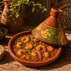 May include: A traditional Moroccan tagine dish with prawns, vegetables, and herbs. The earthenware pot has a conical lid with colourful geometric patterns in yellow, red, and green. The dish is served on a wooden table.