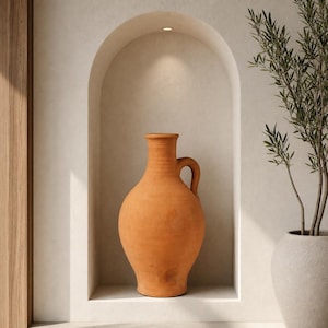 May include: A terracotta-colored, handled vase with a rounded body and a narrow neck. The vase is displayed in a recessed alcove with a soft, warm light. A potted plant with green leaves is to the right.