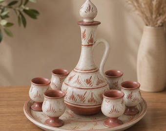 Service en Poterie Marocaine Blanche – Carafe Artisanale avec 6 Tasses Fait Main