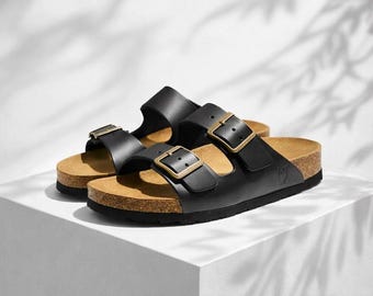 Men's Black Leather Moroccan Slides | Handmade Cork Footbed Sandals