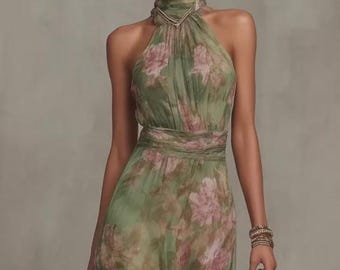 Abito lungo floreale con scollo all'americana – Elegante abito estivo senza maniche in poliestere stile boho per feste estive