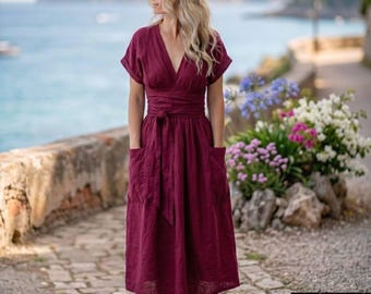 Abito midi da donna, casual, in stile lino, boho estivo, con tasche.