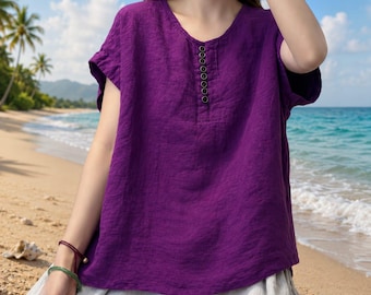Camicetta oversize in lino a maniche corte, top da spiaggia boho estivo, tunica ampia casual