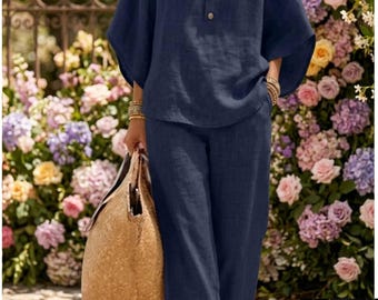 Completo coordinato da donna in lino, vestibilità ampia, due pezzi, abbigliamento casual estivo.