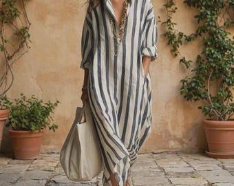 Abito caftano da donna in lino, abito lungo a righe, vestibilità ampia, stile boho per vacanze al mare.