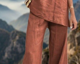 Linnen tweedelige set dames, outfit met losse v-hals en broek met wijde pijpen