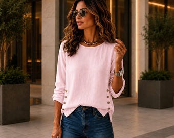 Camicetta da donna casual a maniche lunghe con bottoni laterali, vestibilità ampia, top trendy per tutti i giorni.
