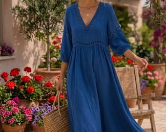 Abito lungo boho, abito estivo lungo in cotone con scollo a V, caftano casual da spiaggia, regalo per lei
