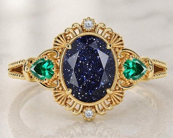 Anillo de compromiso Art Déco de arenisca azul para mujer, plata 925, anillo con múltiples piedras preciosas, diseño vintage de filigrana, anillo de boda único.