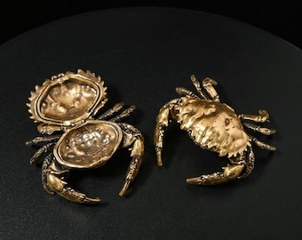 Boîte à bibelots crabe en laiton antique, statue miniature de crabe en laiton, petite boîte à pilules pour animal de compagnie de thé vintage, déco de bureau nautique, cadeau amoureux de l'océan pour lui