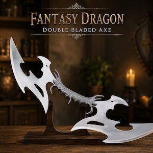 Fantasy Double Bladed Dragon Axe – Stainless Steel Medieval Axe – Viking Wall Decore – Cosplay Prop – Collectible Gift for Him