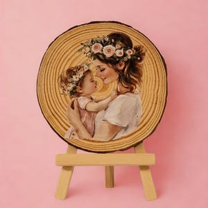 May include: A wooden slice featuring a painted image of a mother and child, both adorned with floral crowns. The artwork is displayed on a small wooden easel against a pink backdrop. The image captures a tender moment.
