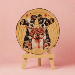 May include: A wooden slice featuring a charming illustration of two Chihuahua puppies holding a gift box with roses. The artwork is set on a small wooden easel against a soft pink background, with heart accents.
