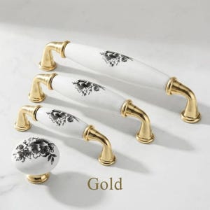 Vintage Floral Ceramic Cabinet Handles Brass Dresser Knobs Floral Drawer Pulls Shabby Chic Kitchen Hardware Gold Porcelain Furniture Handle