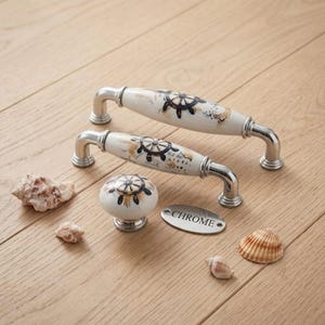 Nautical Ceramic Cabinet Handles, Antique Brass Drawer Knobs, Coastal Ship Wheel Pulls for Kitchen Dresser Furniture, Beach House Decor