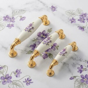 Vintage Floral Ceramic Cabinet Handles, Purple Flower Drawer Pulls, Shabby Chic Dresser Hardware, Cottagecore Kitchen Cupboard Knobs