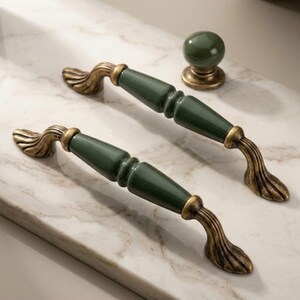 Green Ceramic Cabinet Handles Vintage Brass Drawer Pulls Antique Kitchen Hardware Retro Furniture Knobs Farmhouse Cabinet Pull Set
